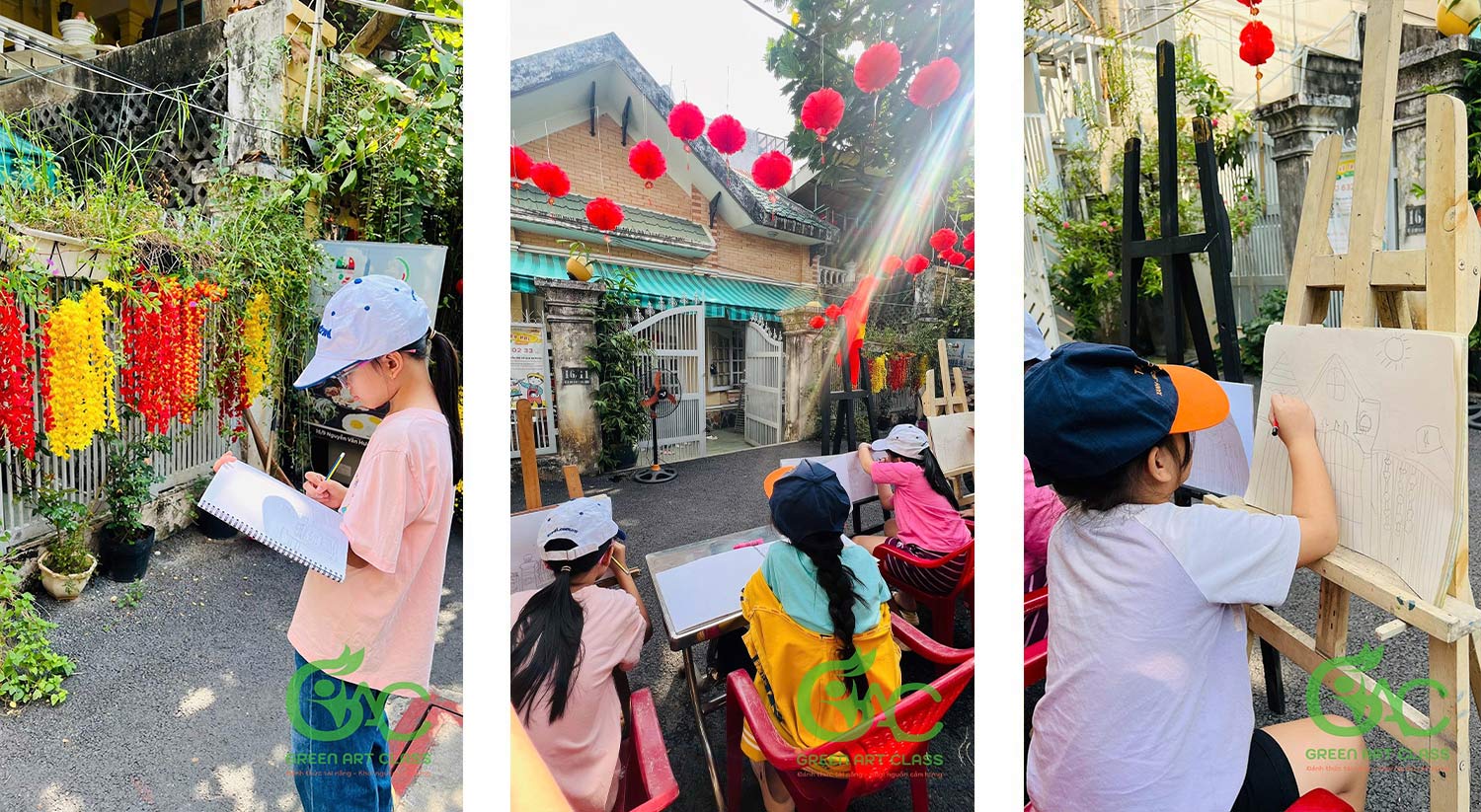 bé học vẽ ngoại cảnh thực tế tại lớp vẽ green art class