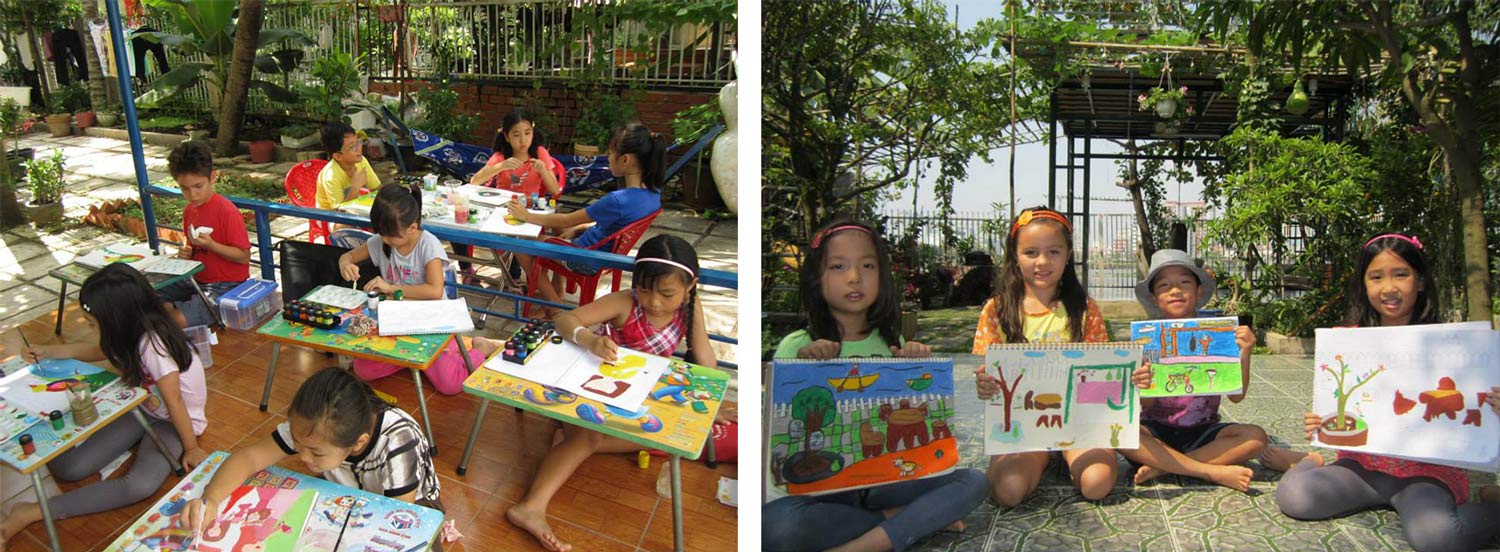 bé học vẽ thực tế ngoài trời tại lớp vẽ green art class